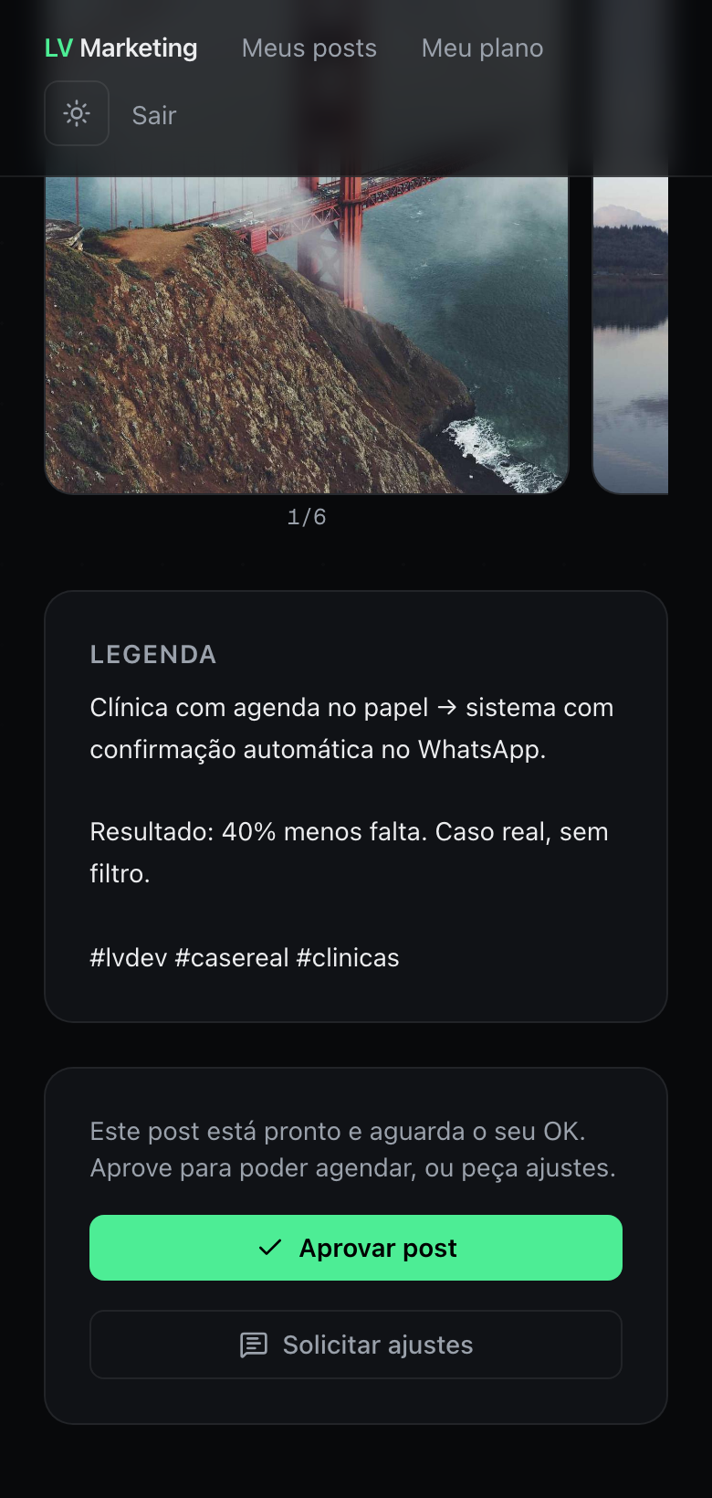 Portal do cliente no celular com o botão Aprovar post